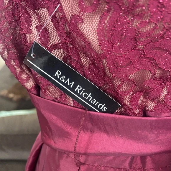 R & M Richards Burgundy Lace Prom Dress - Picture 6 of 9